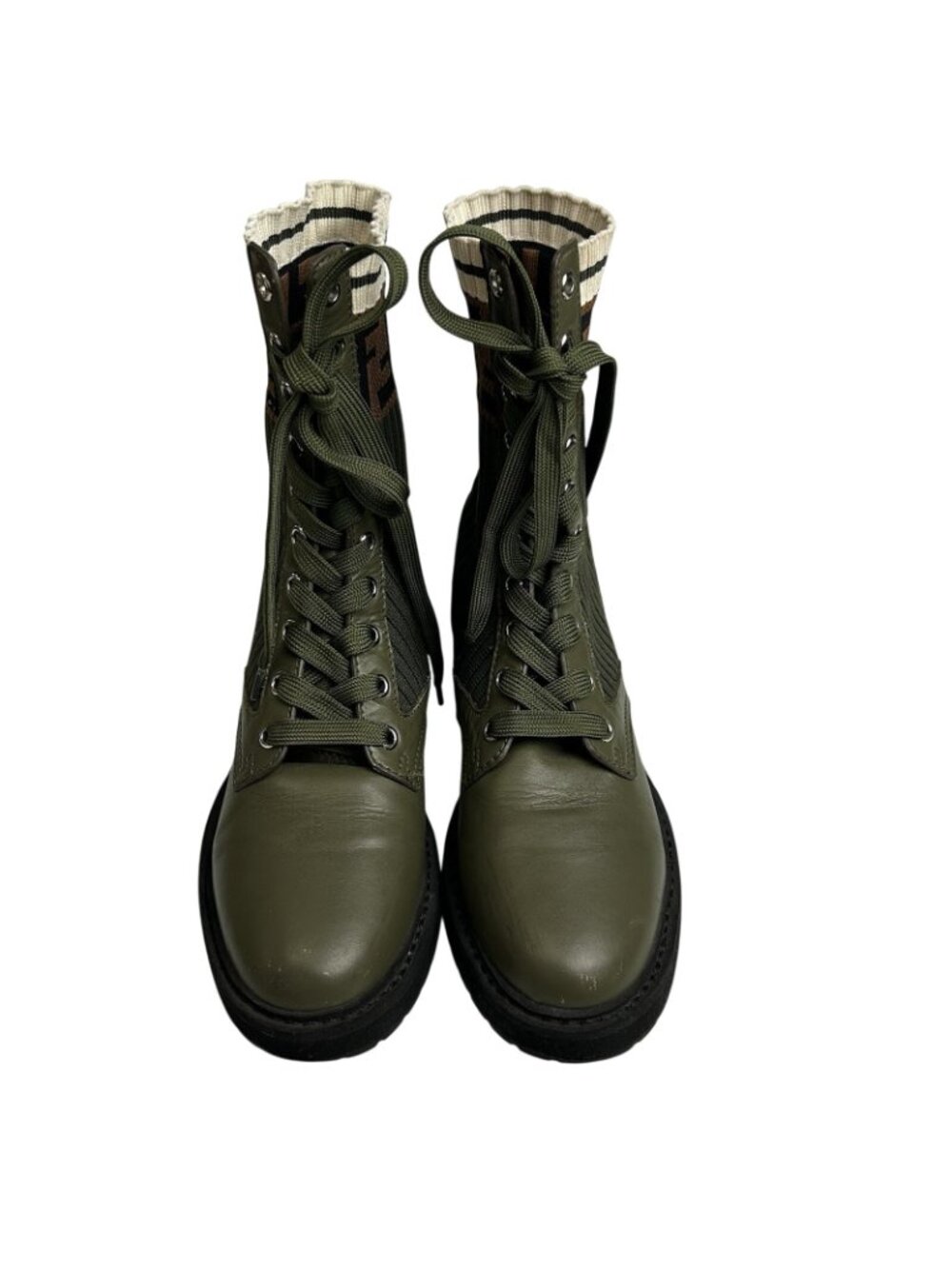 Fendi Rockoko Combat Green Leather Knit Boots Womens EU 37/US 7 Made In Italy - Picture 3 of 13